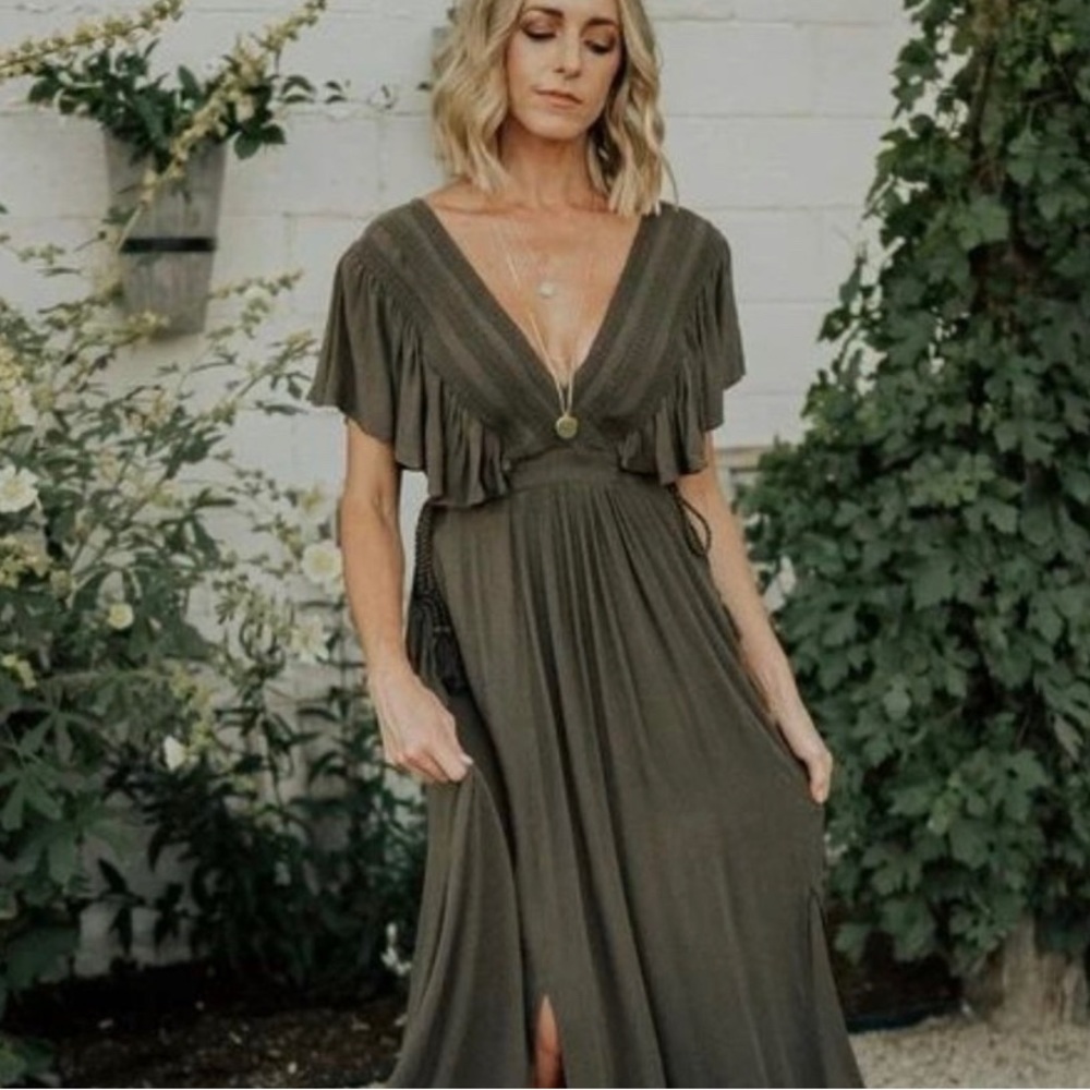 Baltic Born Jennifer Deep V Neck Green Maxi Dress